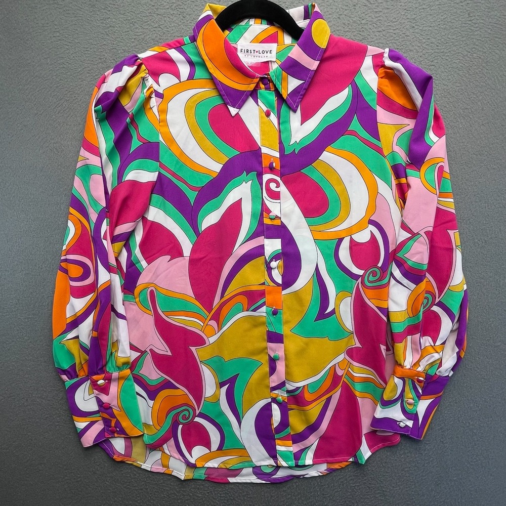 First Love Women Blouse Polyester Multicolor Small Retro Psychedelic Swirl Print